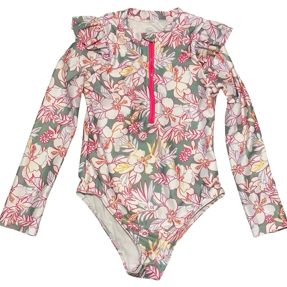 Wonder Nation Floral Long Sleeve Rash Guard Swimsuit One Piece Girls 5T